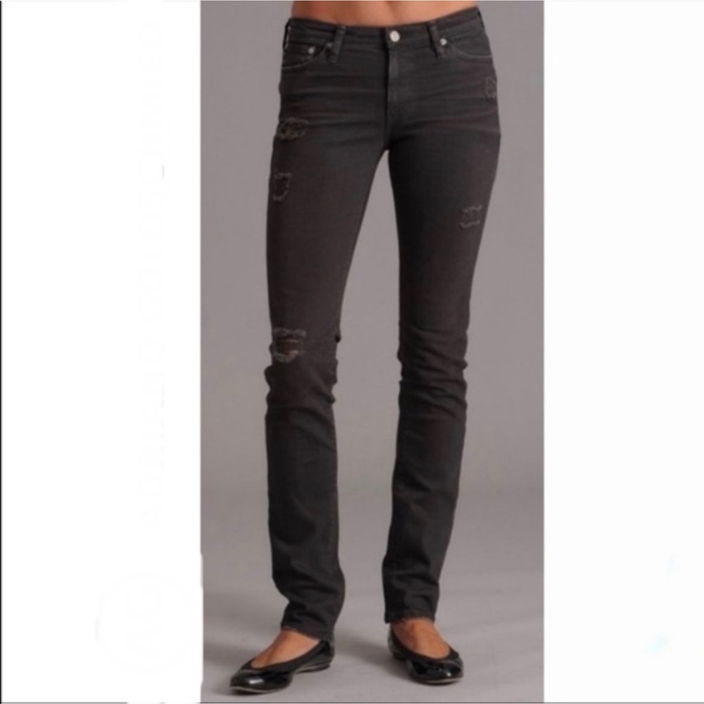 AG Adriano Goldschmied Premiere‎ Skinny Straight Distressed Jeans Black Size 25